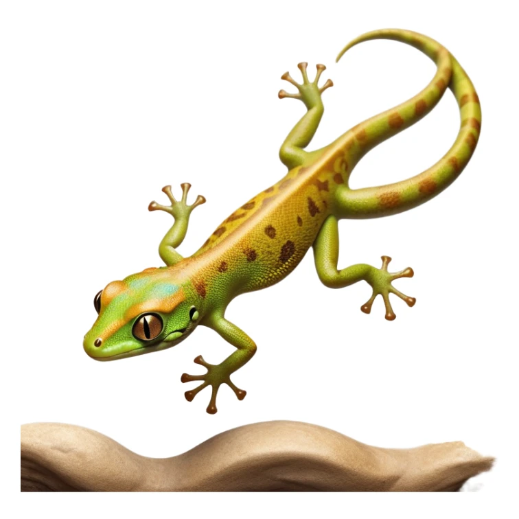 cinematic-gecko-realistic-full-body-climbing-emoji,-tiny-agile-frame-sticking-to-a-glass-surface-with-specialized-toes,-smooth-speckled-skin-in-rich-earthy-tones,-large-glistening-eyes-wide-and-watchful,-delicate-curved-tail-balancing sticker