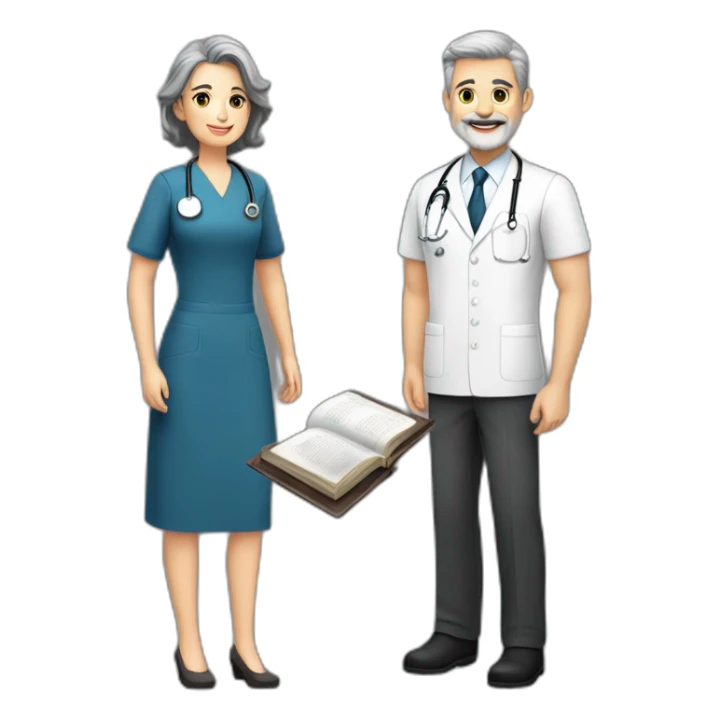 husband classy caucasian 55 dark gray hair trimmed beard executive holding bible, with wife asian age 55 dark hair nurse uniform, no children sticker