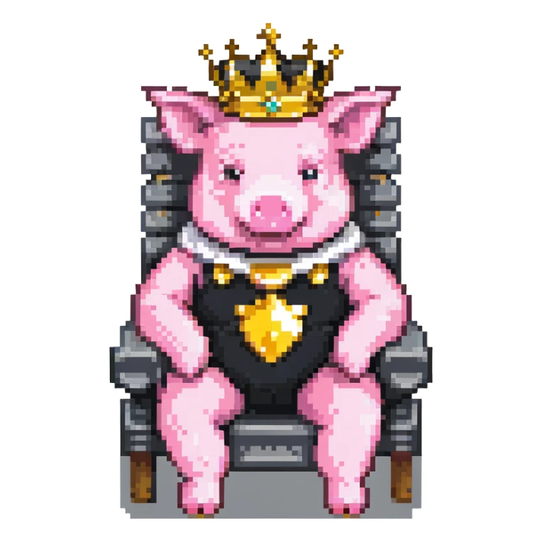 pixel art pig with a golden crown sitting on a throne, blocky and square like Minecraft, inspired by Technoblade sticker