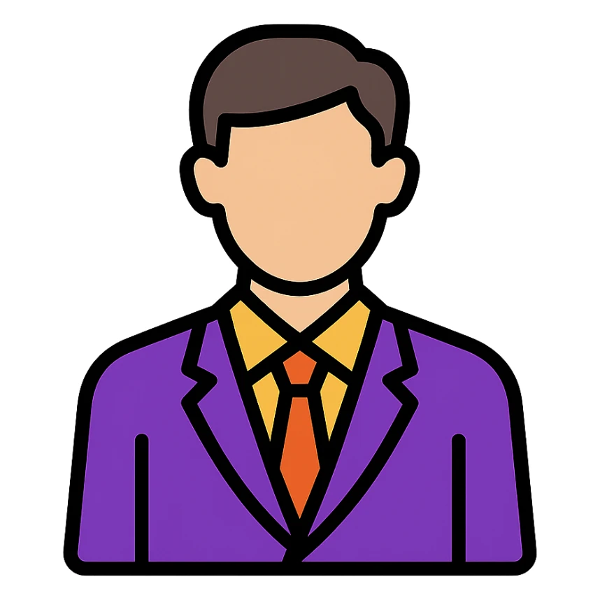 guy in a purple suit, modern look, color outline icon style, black outlines, vibrant colors sticker