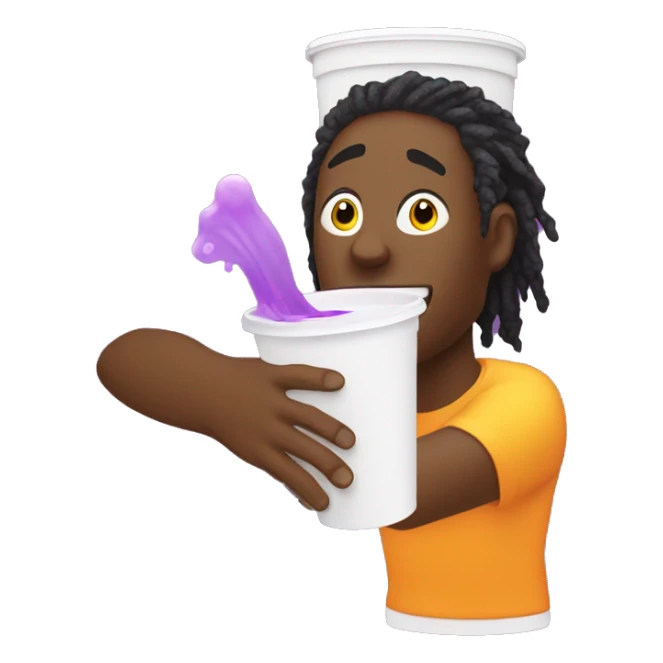 black guy with orange dreads pouring a yellow stream into a white styrofoam cup with purple juice sticker