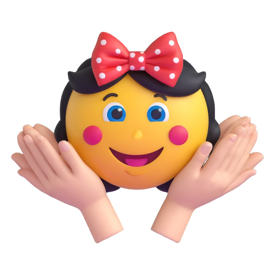 3D smiley emoji, large eyelashes, red polka dot bow, forming a heart with both hands, smiling, blue eyes, cute style sticker