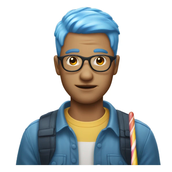 Man with short blue hair and a popsicle sticker