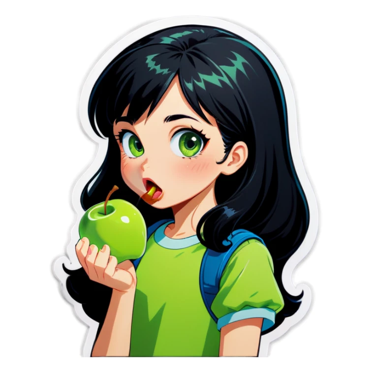 A girl with black hair eats a green apple sticker