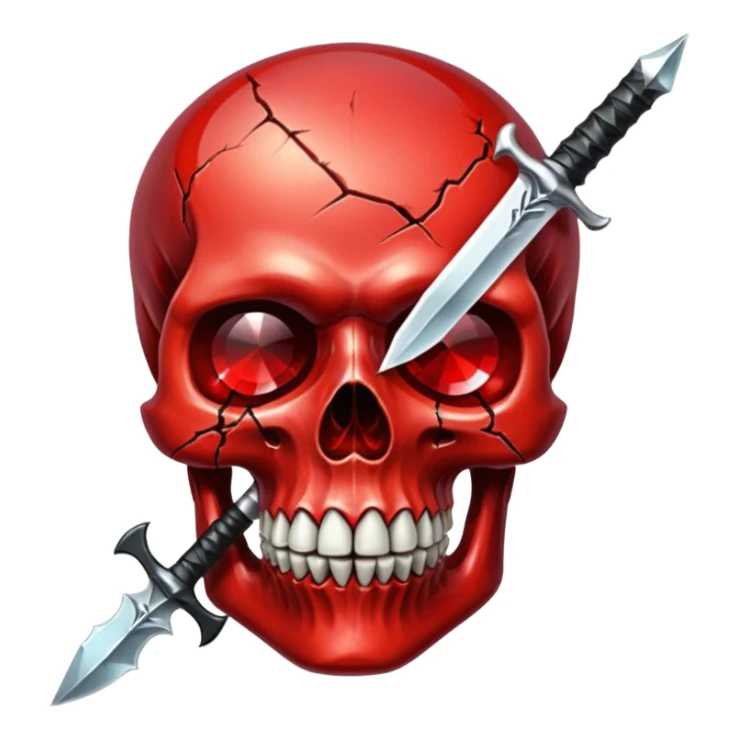 make me a red crystal skull partly see thew super gem like make it realistic and held together by a black bow and a small dagger to the eye with cracks coming from it have the bow be loosely tied around the skull holding it together make the blade super realistic  sticker