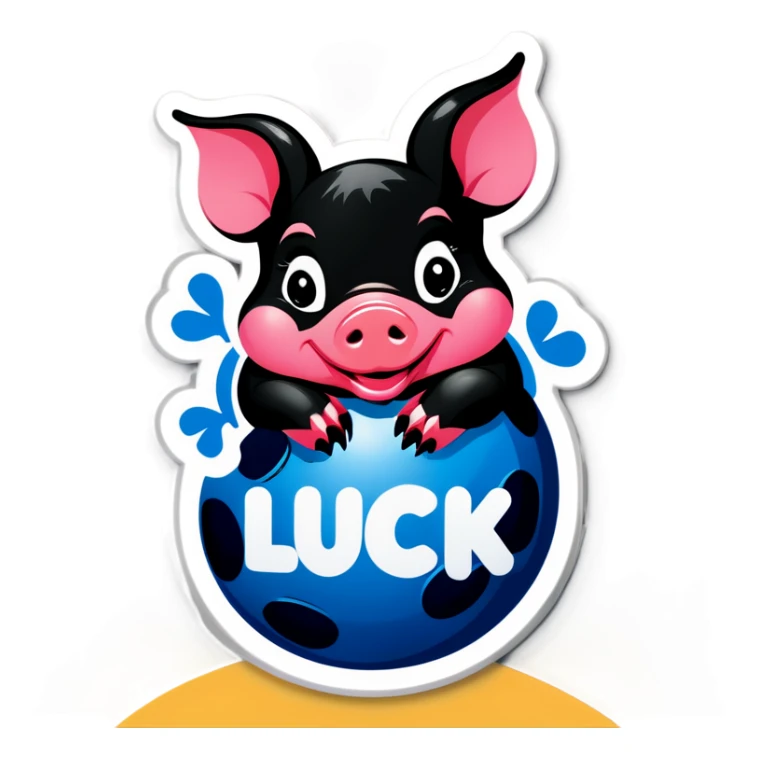 A black piglet lying on 4 balls with "luck”written on it sticker