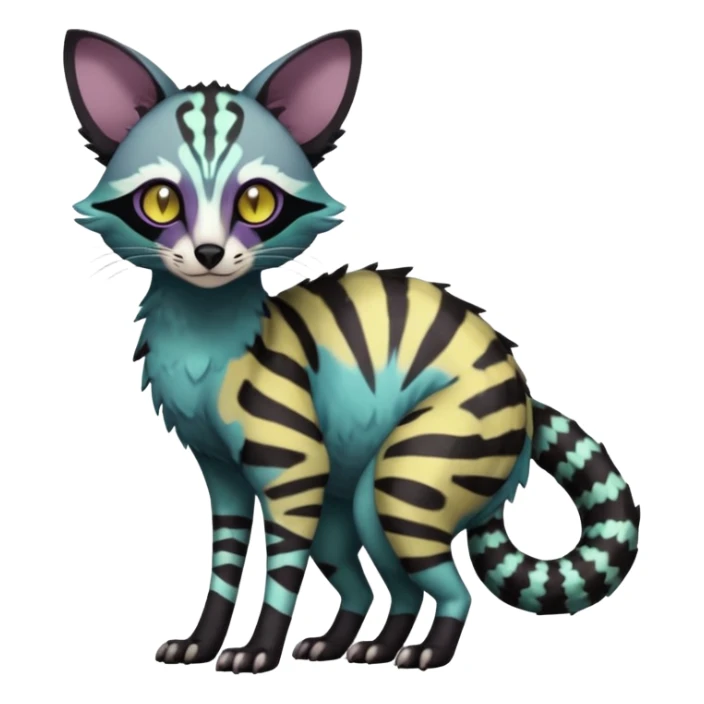 Rare warm-colored lush exotic edgy epic aesthetic gloomy spooky dark modern colorful cyber-Genet-Trico-species-Fakemon-hybrid-creature, with beautiful intricate markings, full body sticker