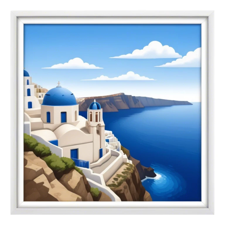 Cinematic Realistic Santorini Caldera Landscape Emoji, depicted with dramatic white‚Äêwashed cliffs overlooking a deep blue sea rendered with crisp textures and radiant lighting. sticker