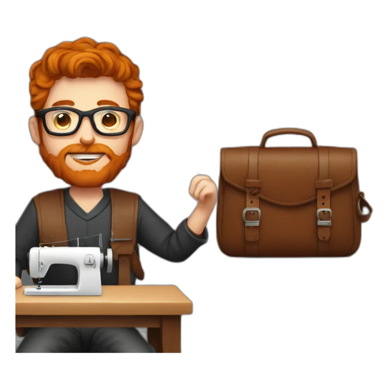Red smooth haired man with beard and glasses sewing a leather bag by hand sticker
