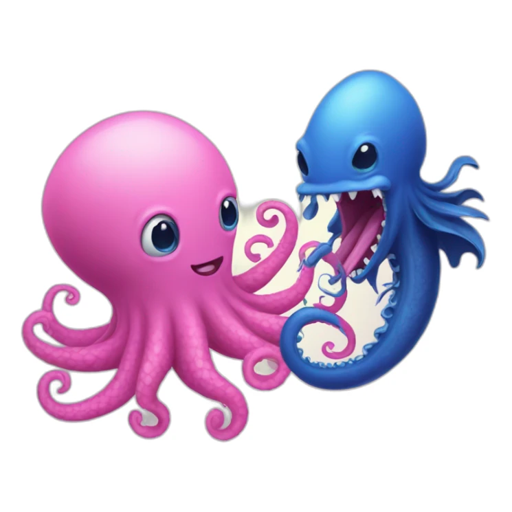 an adorable blue kraken fighting another pink kraken  adorable sticker
