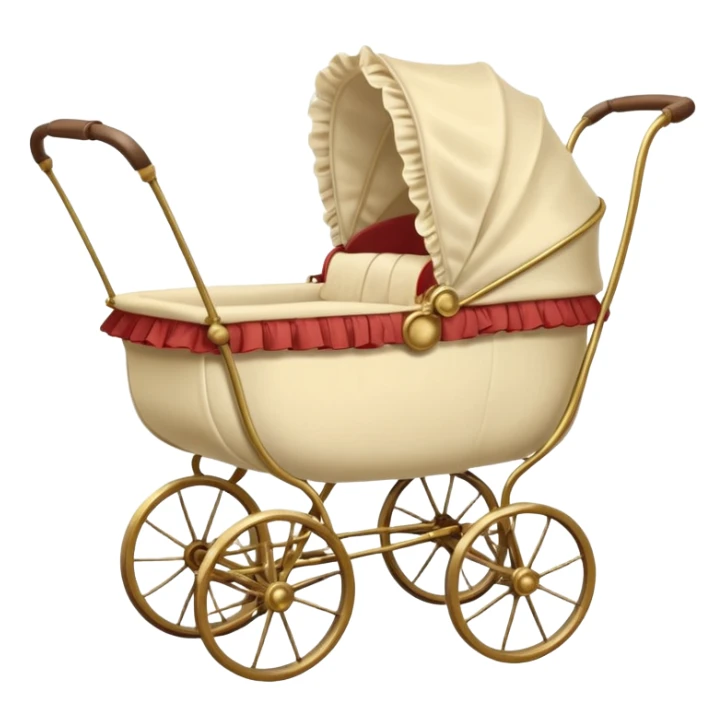 An antique baby stoller with bis wire wheels and a ruffeled bonnet sticker