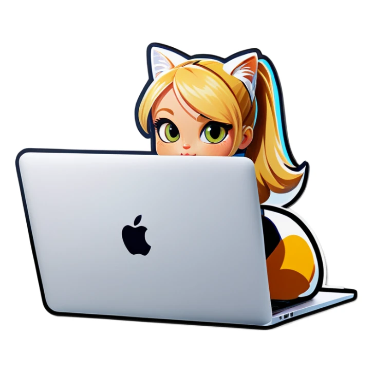 Blonde girl ponytail macBook and a cat sticker