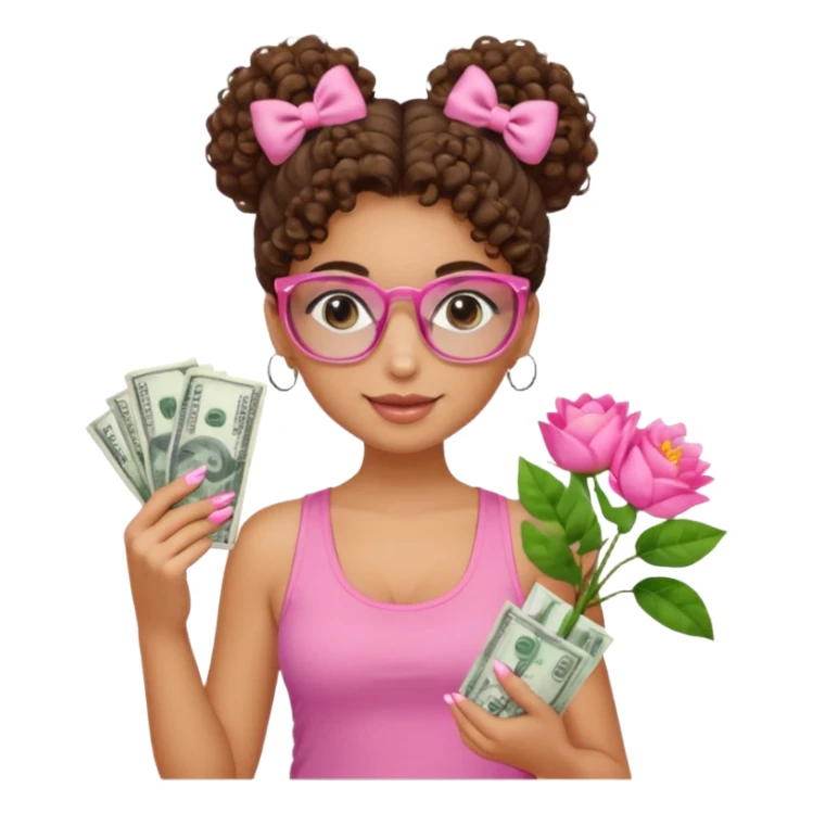 Uma menina com o cabelo cacheado com um Coque com baby hair, morena, e com uma regata rosa com um gloss na frente da regata ,com unha em gel,e com dinheiro na mão ,e com flores na outra mão,  com óculos  sticker