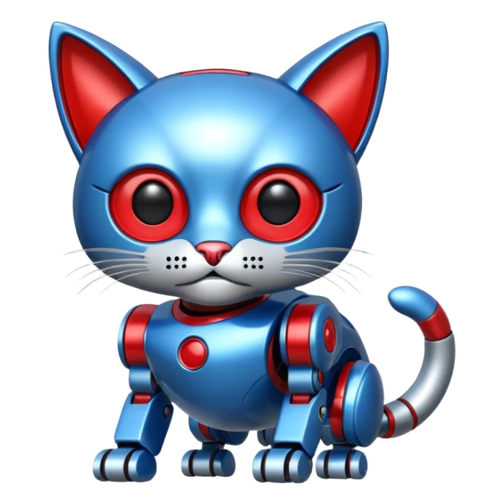 generate robot cat, glossy, realstic, red and blue color sticker