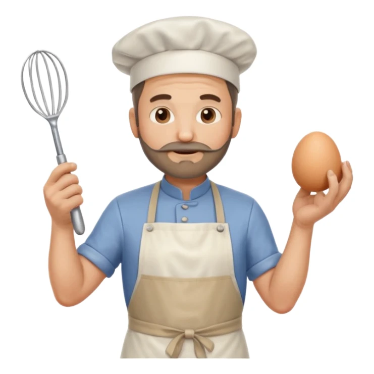 Middle aged male pastry chef - with a small beard, apron, white hat, holding an egg beater in his right hand, and his left hand naturally hanging down to his side sticker
