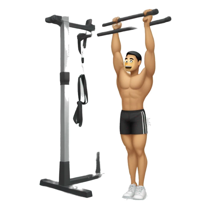 buff gym asian man full body including legs hanging from one hand from a pull up bar sticker