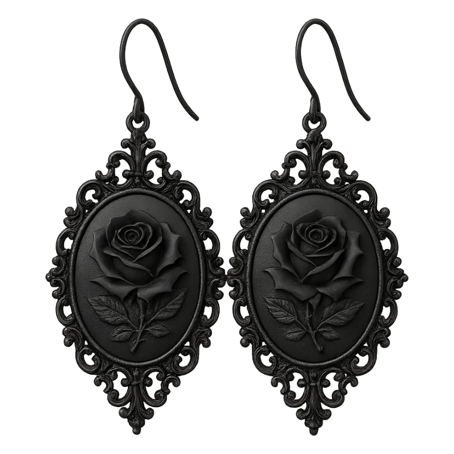goth earrings, black rose cameo, victorian gothic style, ornate frame, detailed, elegant sticker