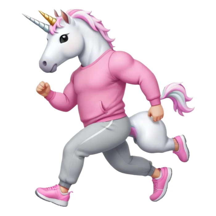 friendly anthropomorphised male white unicorn with a fit, chunky, muscular and strong physique, white arms and legs, wearing grey tracksuit pants and pink jumper, sunglasses, walking quickly sticker
