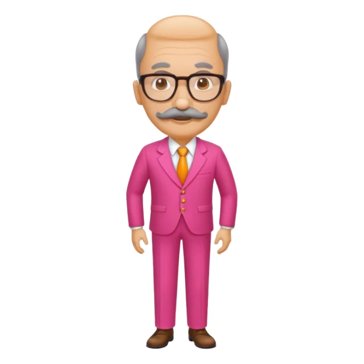 A tall figure with a thick mustache and oval glasses, with a large head, who always wears a bright pink dress with orange pants. sticker