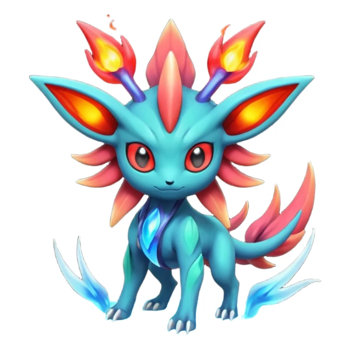 Futuristic volcanic elemental badass cool tough evil Suicune-Bayleaf-Celebi-Pokémon-Fakémon-hybrid-creature sticker