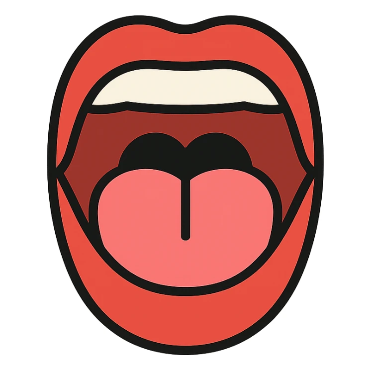 Schematic open mouth with visible tongue, symbolizing speech articulation and sound practice. Vector style, clean and sharp lines. Include realistic shadows and light reflections for depth. Minimalistic, educational design. Transparent background. High contrast between tongue, teeth, and lips for clarity. Flat illustration with soft shading, suitable for speech therapy materials sticker
