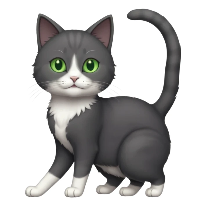 full body gorgeous solid dark grey cat with green eyes, white paws and white whiskers stretching like a cat sticker