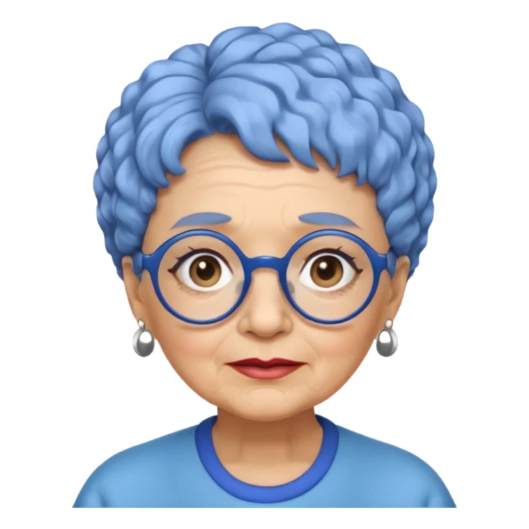 old laydy with short, curly blue hair, matching blue eyebrows, light brown skin, round black glasses, and a neutral facial expression. sticker