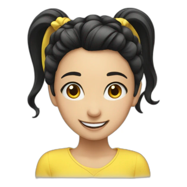 A smiling girl with a black ponytail and a yellow hairpin sticker