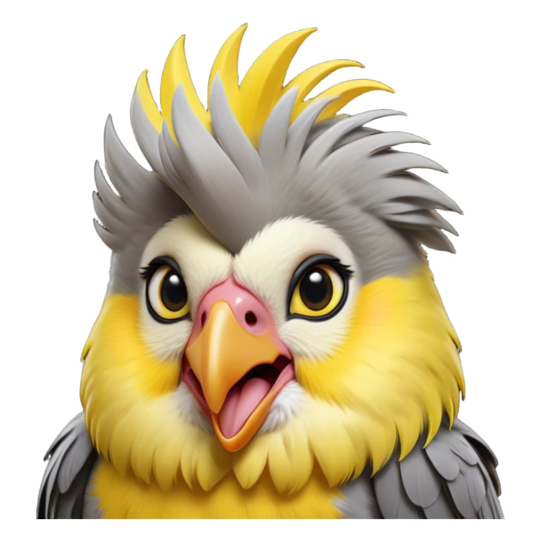 Cinematic Comical Cockatiel Portrait Emoji, Head tilted dramatically with an exaggeratedly amused expression, featuring a striking grey fur with bold yellow accents and a flamboyant crest, wide, expressive dark eyes filled with playful disbelief, Simplified yet hilariously expressive features, highly detailed, glowing with a slightly sassy glow, high shine, dramatic yet playful, stylized with an air of cheeky mischief, bright and endearing, soft glowing outline, capturing the essence of a spirited and over-the-top cockatiel, so meme-worthy it feels like it could side-eye its way into internet fame instantly! sticker