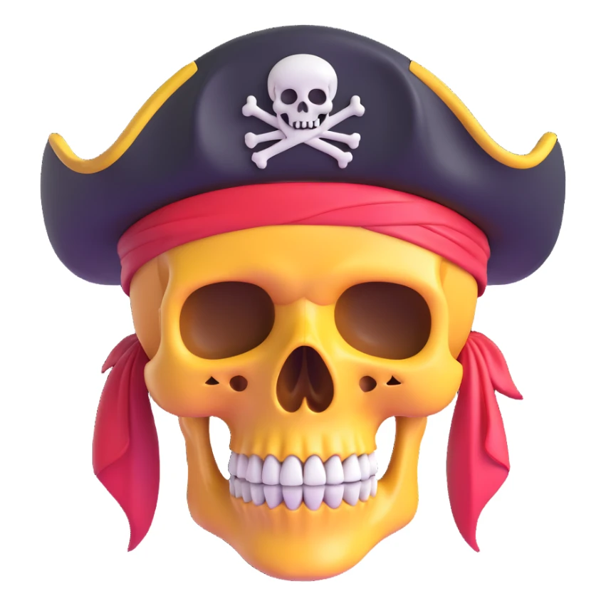 skull with mind blown effect, wearing a pirate hat, 3D emoji style sticker