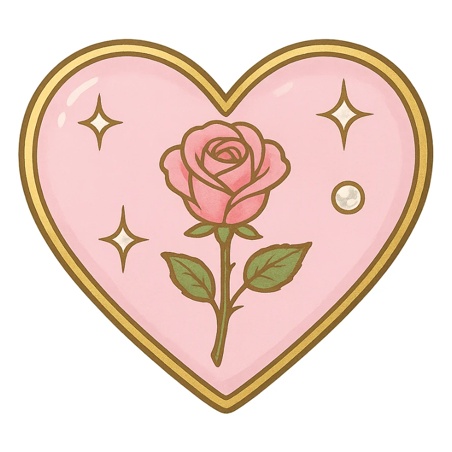 single rose pink heart, pastel pink enamel, sparkling gems, with a gold outline sticker