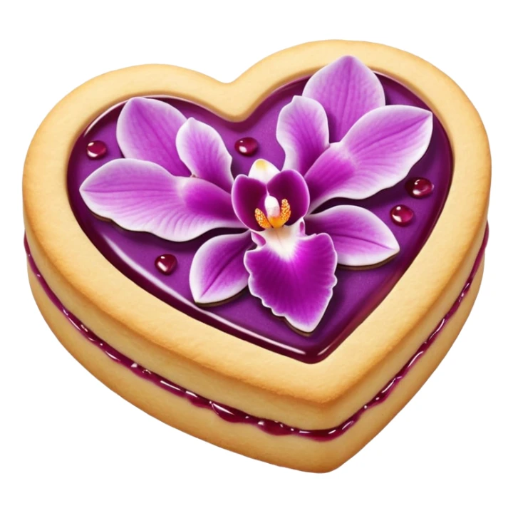 Realistic shortbread cookie in the shape of a heart with orchid color jelly middle filling and sprinkled powder sugar on top. sticker