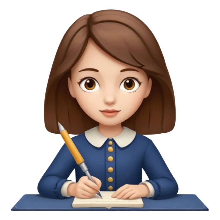 a girl is Writing in a Paper in a vintage outfit with old type pen  sticker