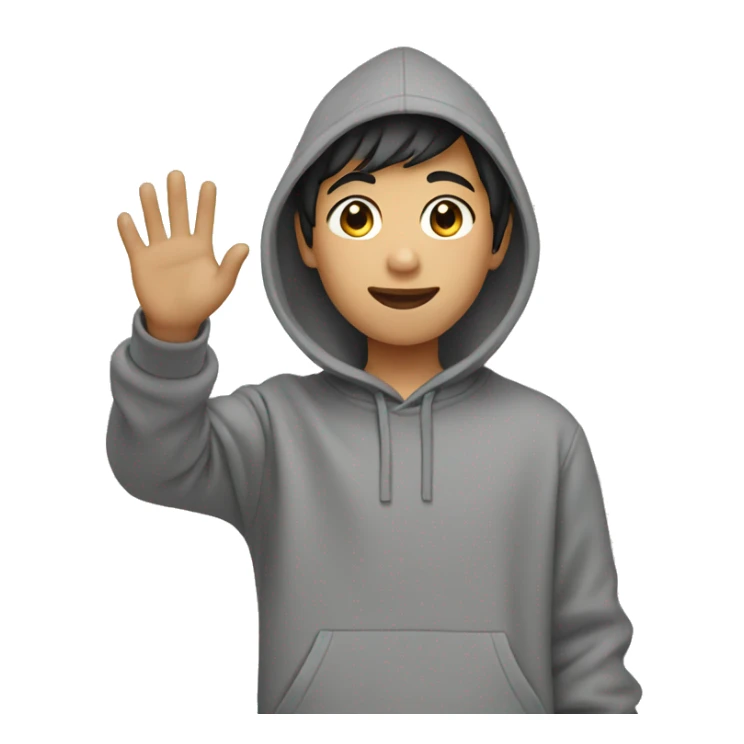 asian boy in grey hoodie waving sticker