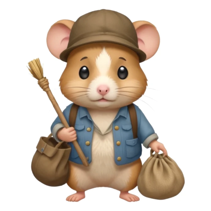 cartoon-style hamster poor hobo carrying a bindle over its shoulder with a sad expression. sticker