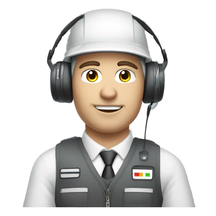 white skin male coordinator with vest on wearing apple vision pro headset and checking an aircraft motor sticker