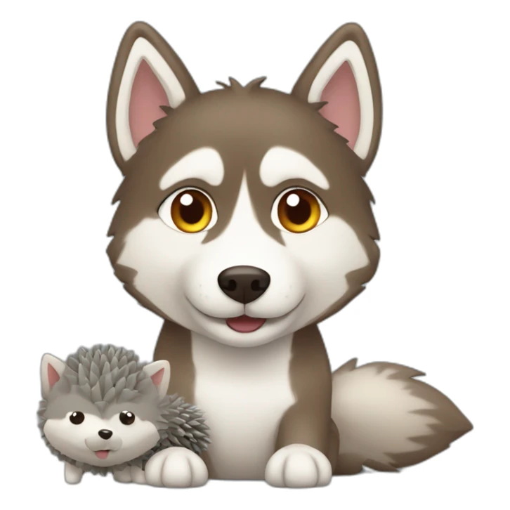 Brown husky with small gray hedgehog toy sticker