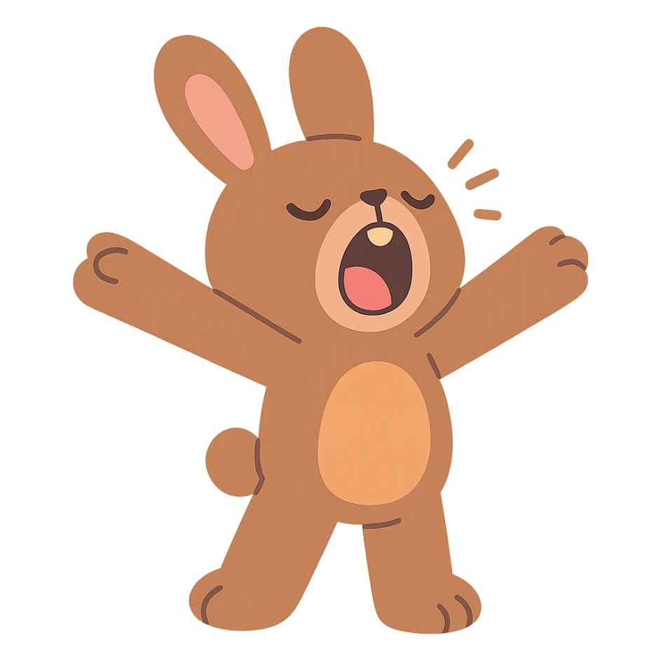 brown bunny stretching arms while yawning, pastel-toon style sticker