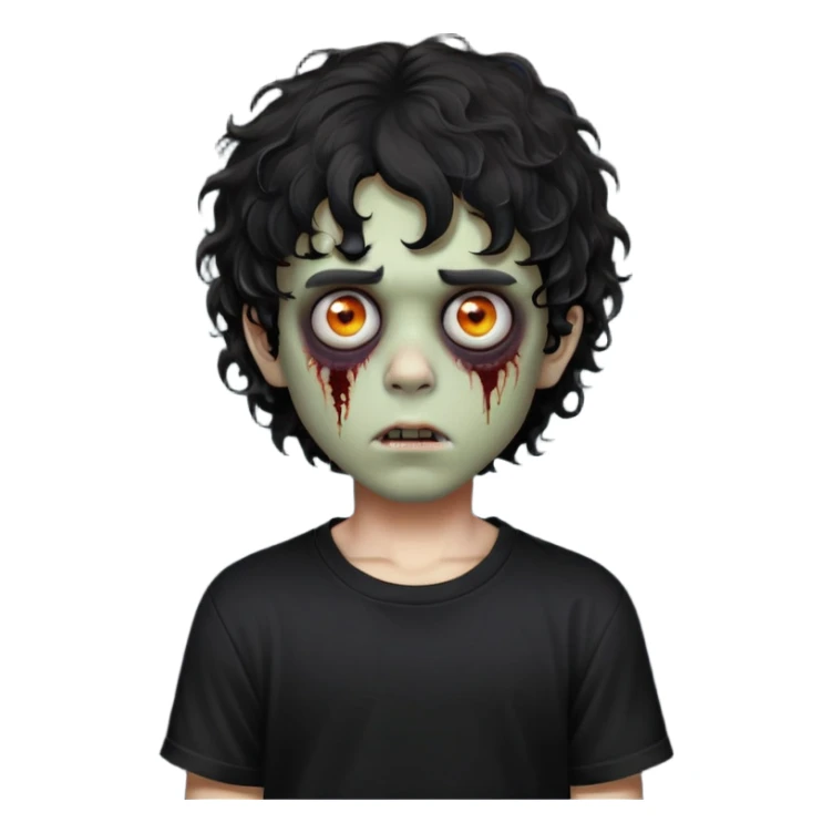 Boy, zombie, black curly wavy hair, medium hair, emo, round shaped hair, dark hair, spooky, creepy expression, fringe in the eyebrows height, with Black t-shirt  sticker