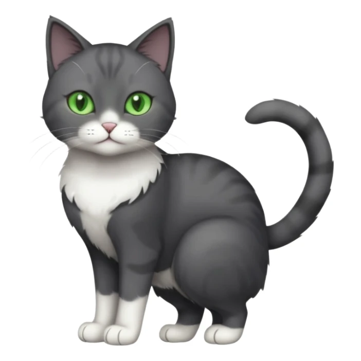 full body view of beautiful female solid dark grey cat with green eyes, white toes/paws and white patch on her chest sticker
