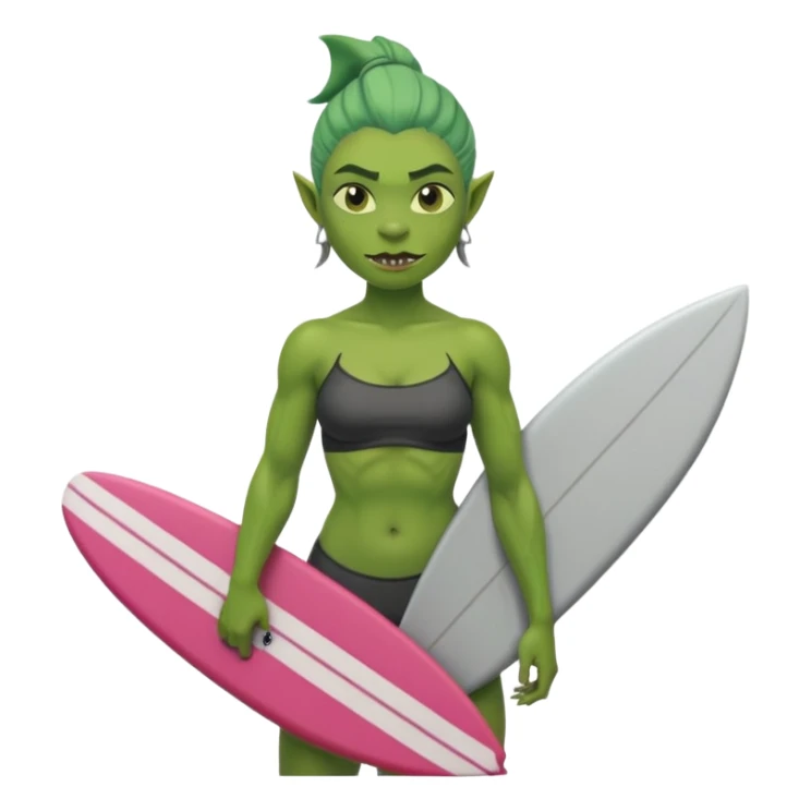 orc female holds a little surfboard with a shark painted vertically in his hands sticker