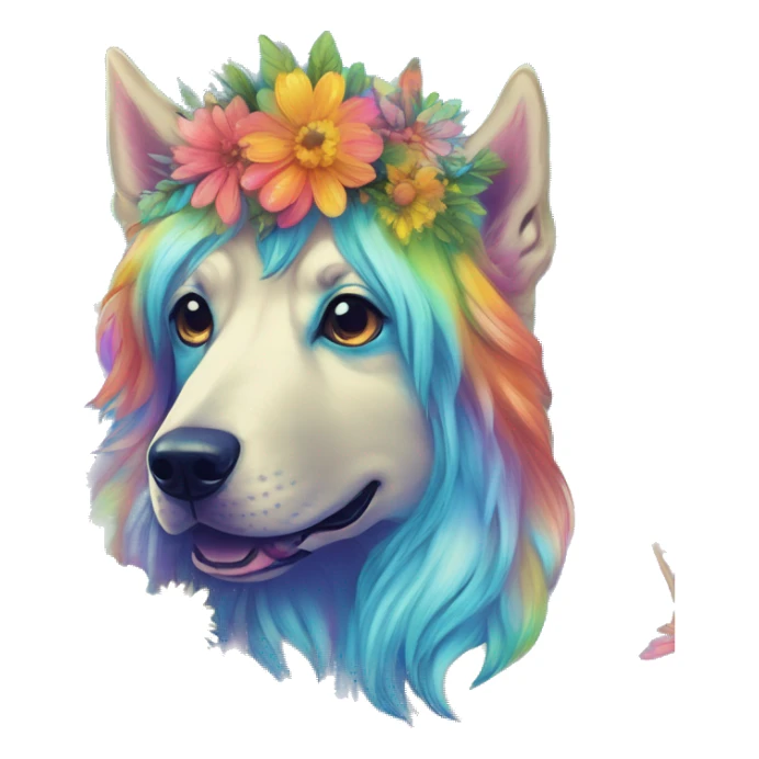 Multicolored rainbow retro groovy tie dye hippie trippy floral patterns on a metallic holographic iridescent blue dog face head unicorn sticker