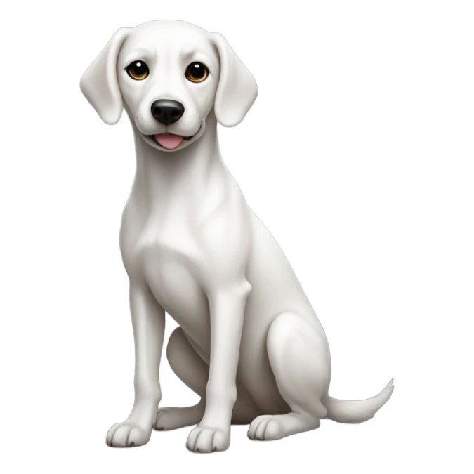 White dog with long tail and black spot around eye taking a poop sticker