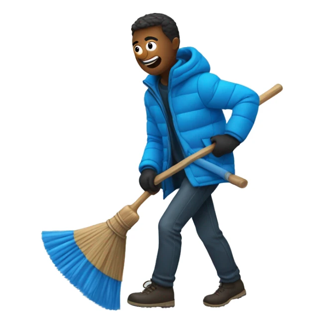 a man wearing a blue puffer jacket holding a broom running from a knife sticker