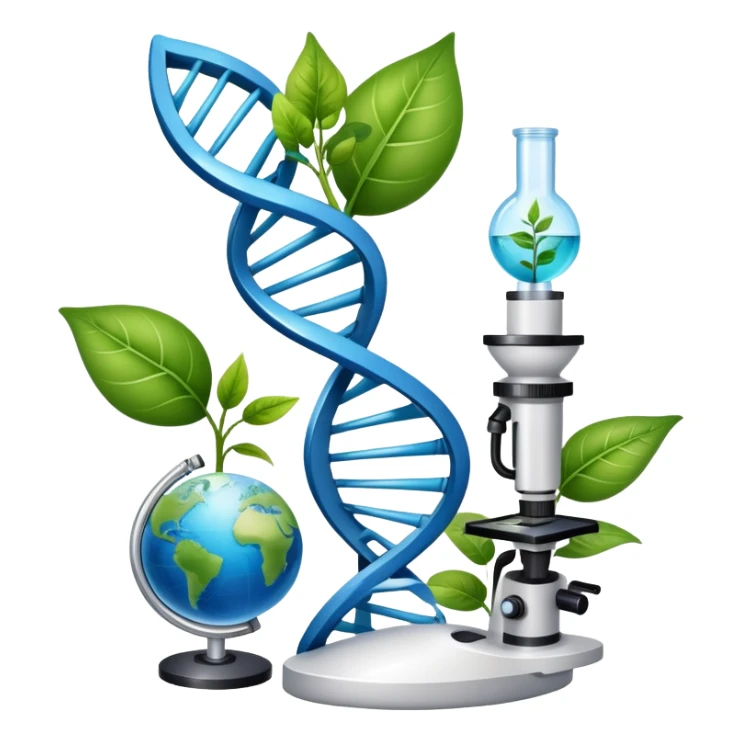An icon featuring a DNA helix, a microscope, and a plant leaf, symbolizing biology. The design includes animal cells, a test tube, and a globe, representing the study of life forms, ecosystems, and genetics. Transparent background highlights the exploration of living organisms. sticker