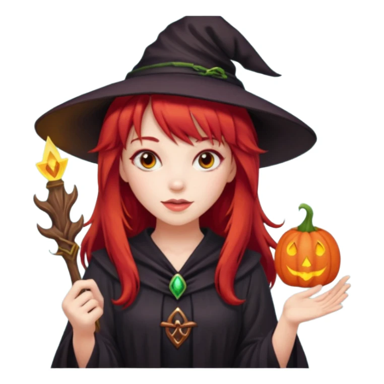 a witchy girl with long red hair and bangs holding a lucky sign sticker