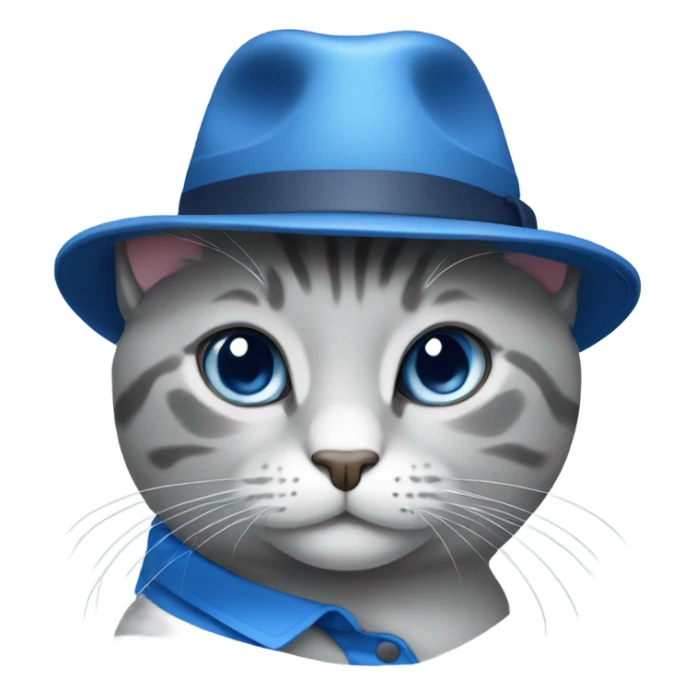 A gray cat wearing a blue polo and a white fedora sticker