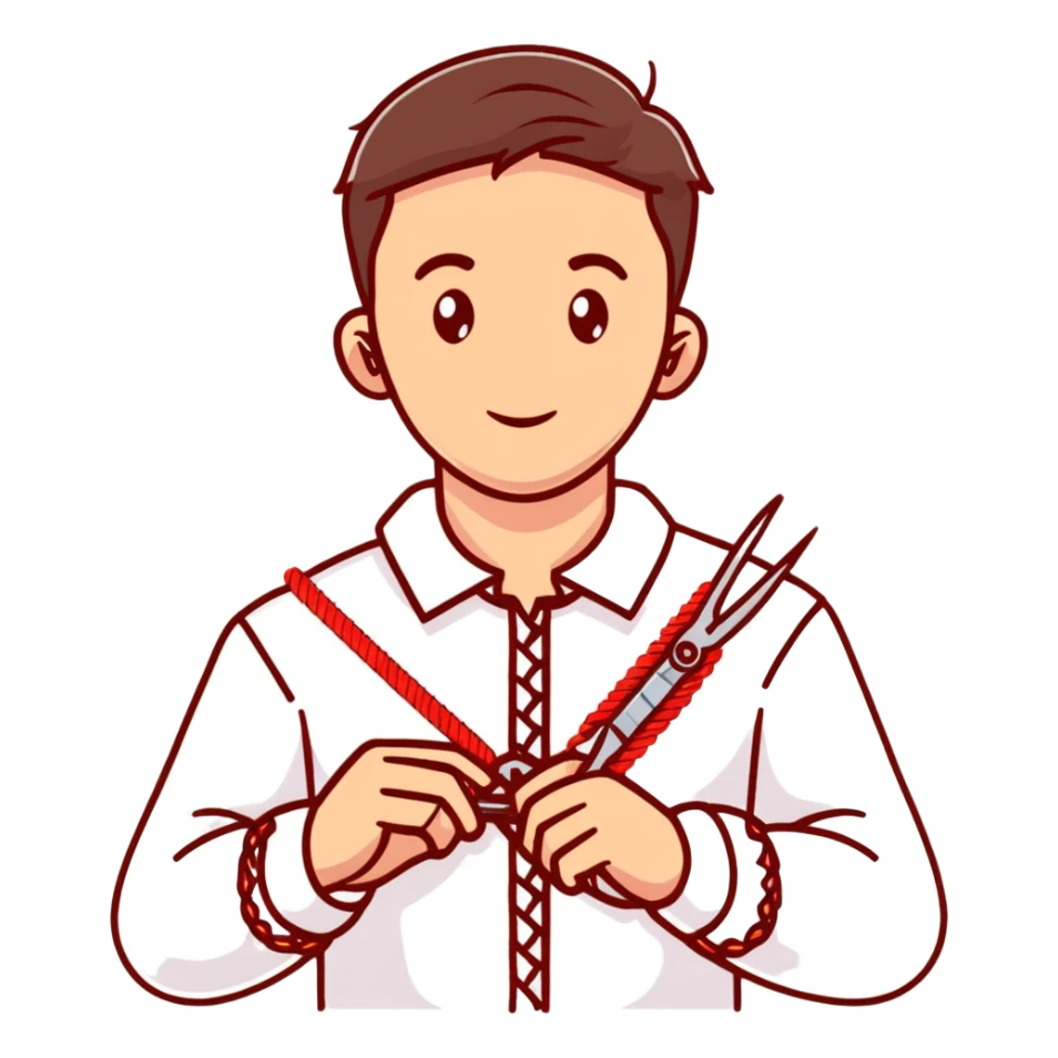 Ukrainian young man in a white embroidered traditional shirt holding a red thread with a needle and pliers sticker