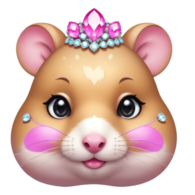 glamorous hamster portrait, head and shoulders only, exaggerated pink makeup, bright eyeshadow, long eyelashes, shiny blush cheeks, sparkling face gems, glitter accents, elegant earrings, fantasy beauty style, cute 3D cartoon, mobile game icon style, clean background, no text, no watermark
 sticker