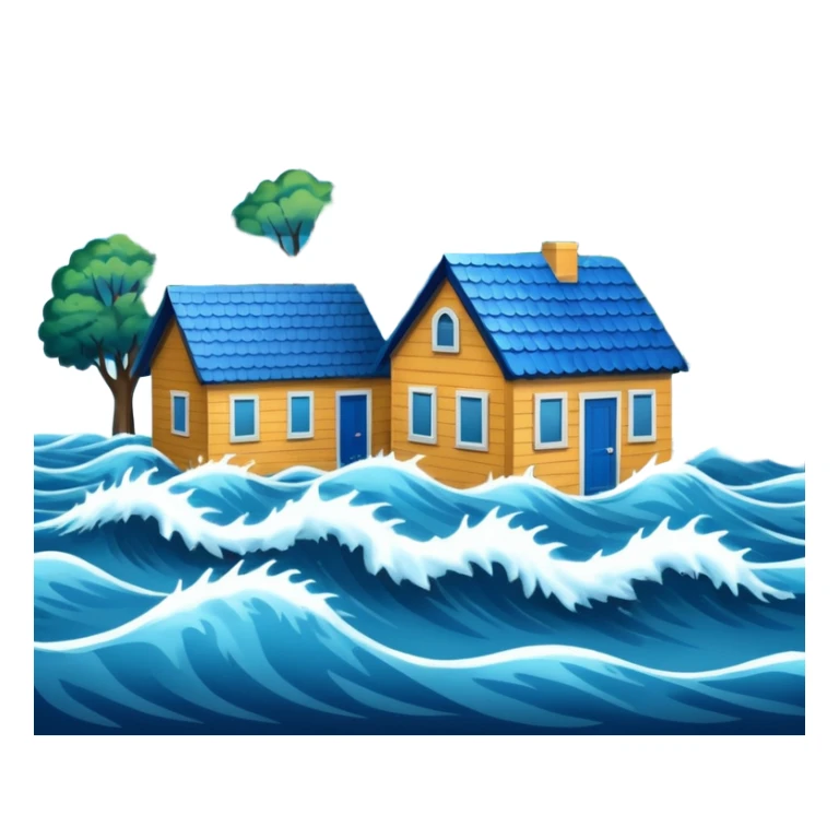 showing a flood disaster scene with powerful blue water waves overflowing around small houses and trees, dark cloudy sky, heavy rain falling, dramatic yet simple design sticker